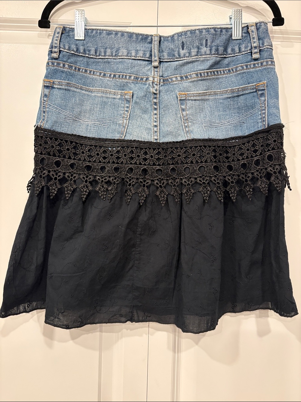 Upcyled GAP Denim & Black Crochet Tiered Mini Skirt Size 4 - Picture 6 of 13